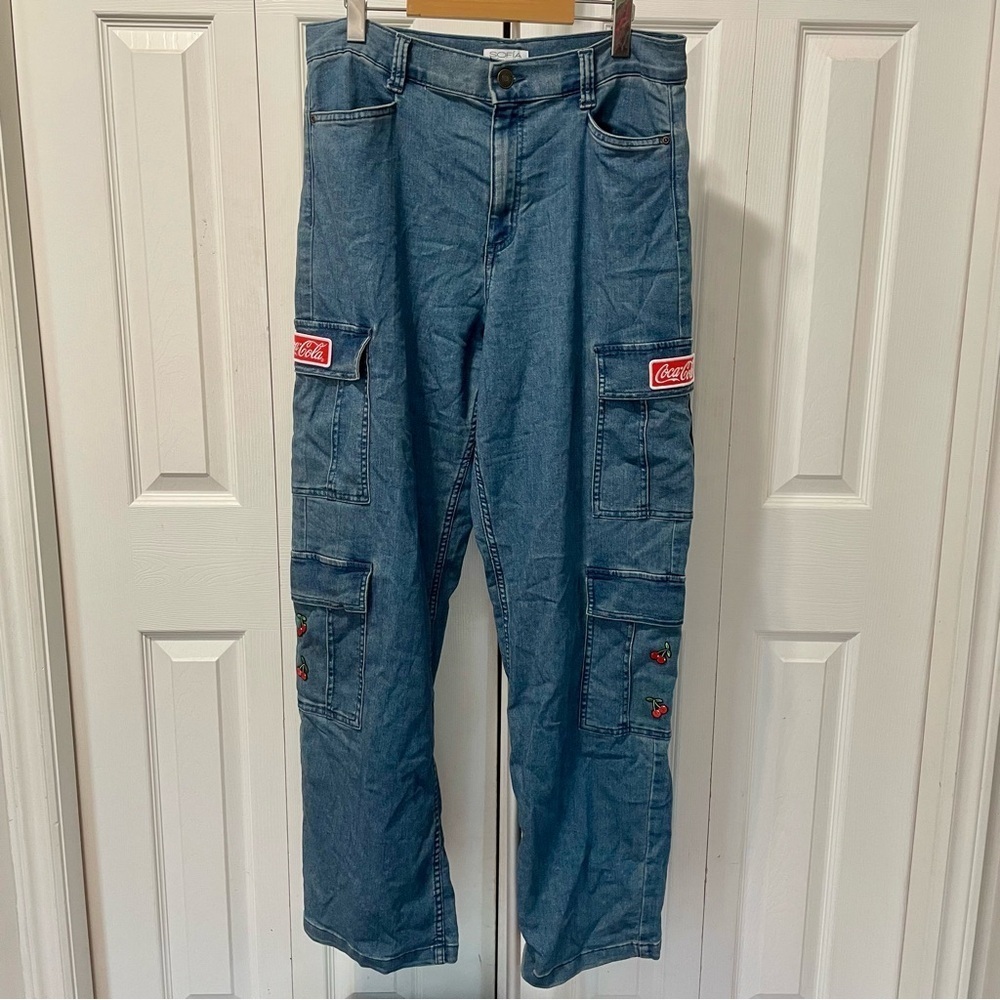 Sofia Vergara Coca Cola Denim Blue Wide Leg Cargo Pants